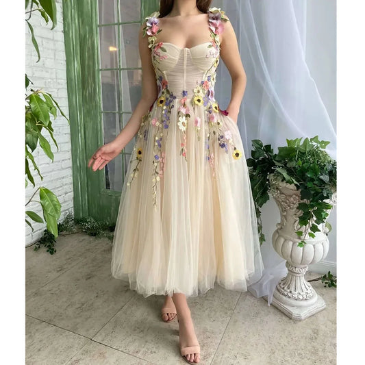 Elegant Floral Print Beige Flower Prom Dresses Exquisite Tulle Spaghetti Strap A-line Pure Pretty Pastrol Formal Birthday Party