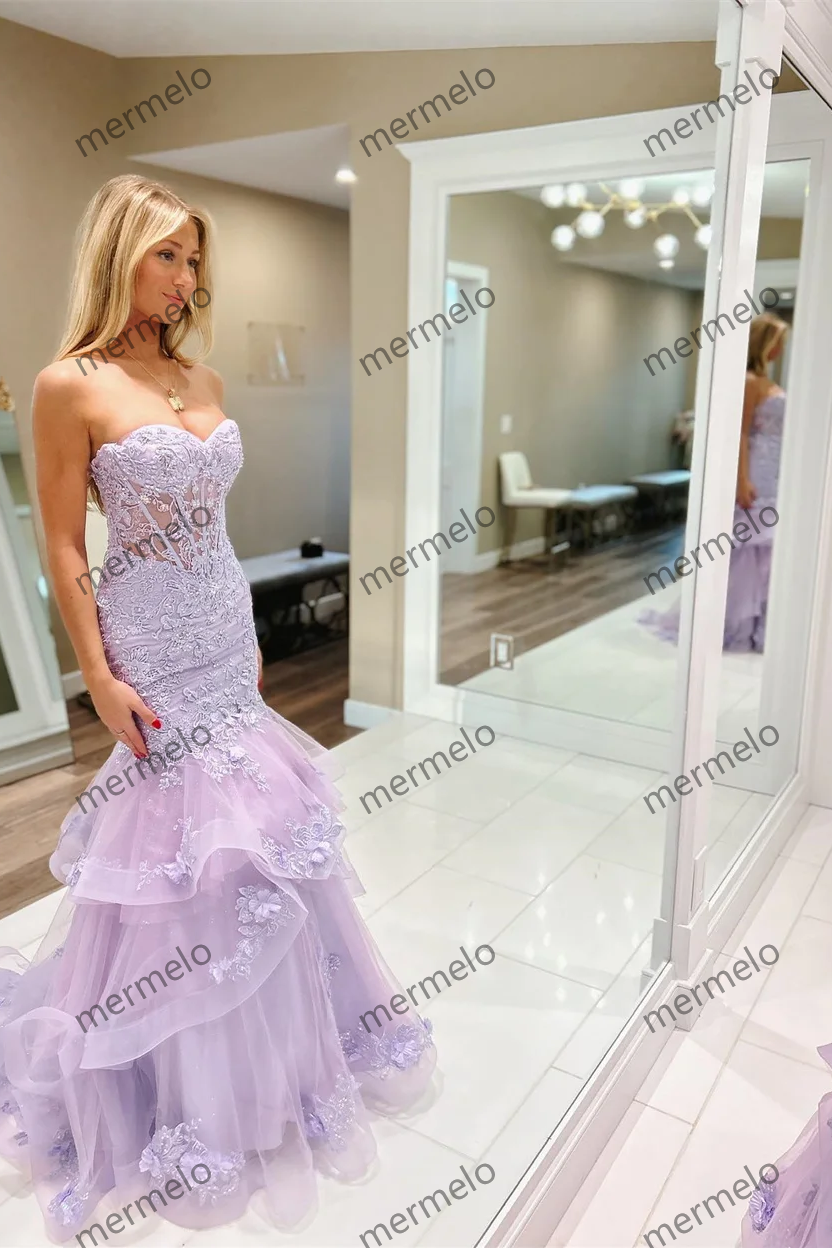 Strapless Mermaid Princess Lavender Lace Prom Dress