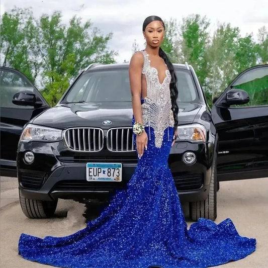 Customized Blue Mermaid Prom Dress For Black Girls Luxury Gold Lace Appliques Sleeveless Brush Train Party Gowns robe de mariée