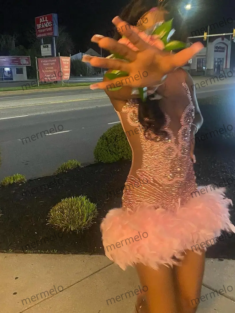 Pink Short Prom Dress For Black Girls Beaded Crystal Birthday Party Gowns Feathers