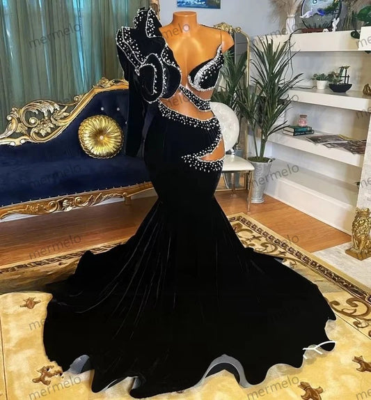 Sexy Black Velvet Prom Dresses One Shoulder Beading Mermaid Party Gowns Long Sleeve Elegant Homecoming Dress Customized