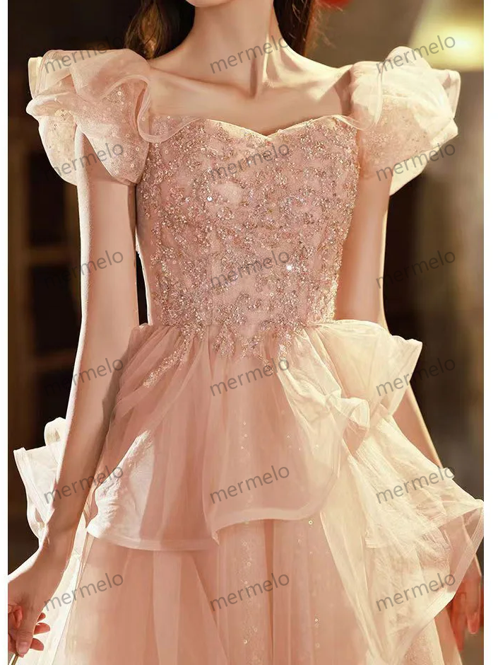 Pink Elegant Evening Dresses for Women Flying Shoulder Sequined Ruffle Fluffy Organza Prom Dreeses for Woman