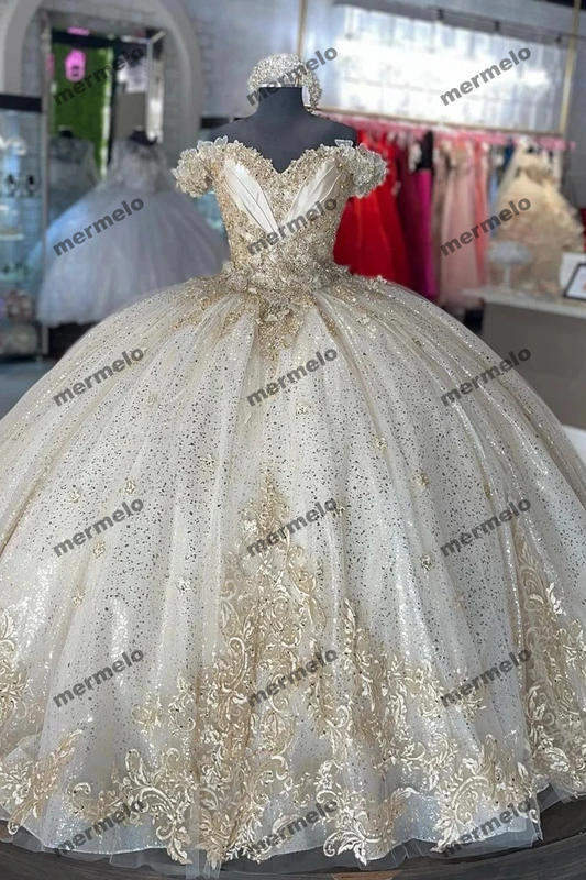 Glittering Quinceanera Dresses Vestidos De Años Ivory Champagne Lace Princess Dress Birthday Party Gowns Corset
