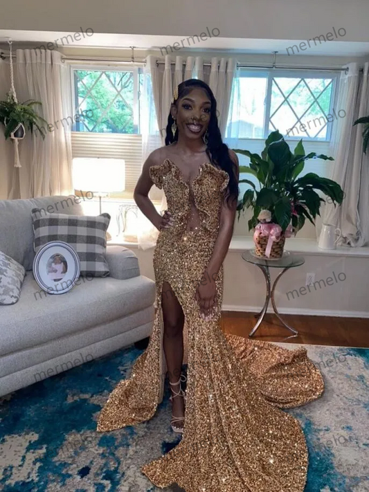 Sparkling Gold Long Mermaid Prom Gowns For Women Luxury Studded Diamante Sexy High Split Birthday Dresses Vestidos De Gala