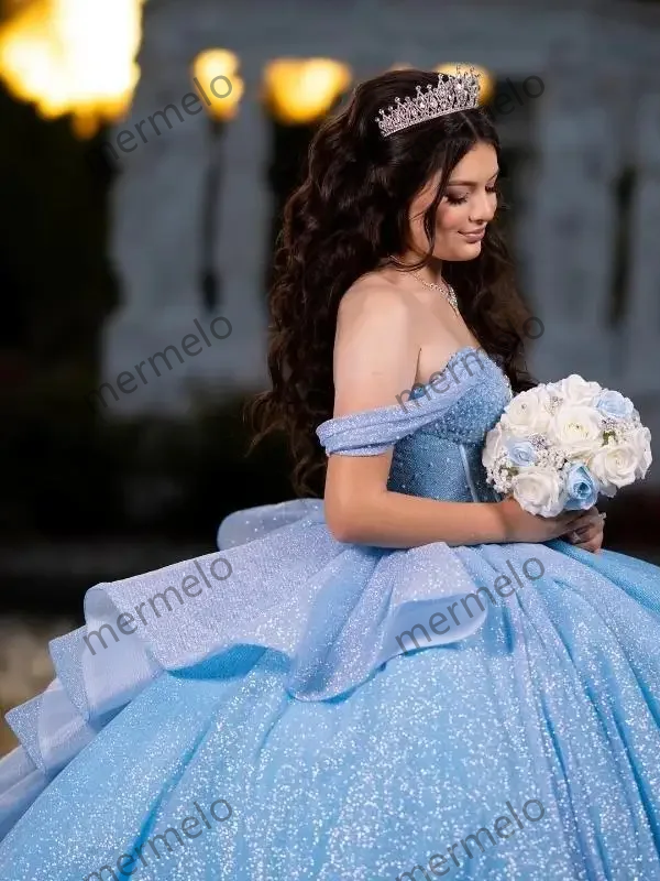 SKy Blue Quinceanera Dress Off Shoulder Crystal Beading Sequined