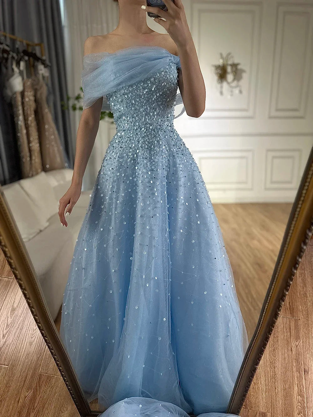 Arabic Blue Off The Shoulder Beaded Elegant A-Line Long Evening Dresses Gowns for Formal Occasion