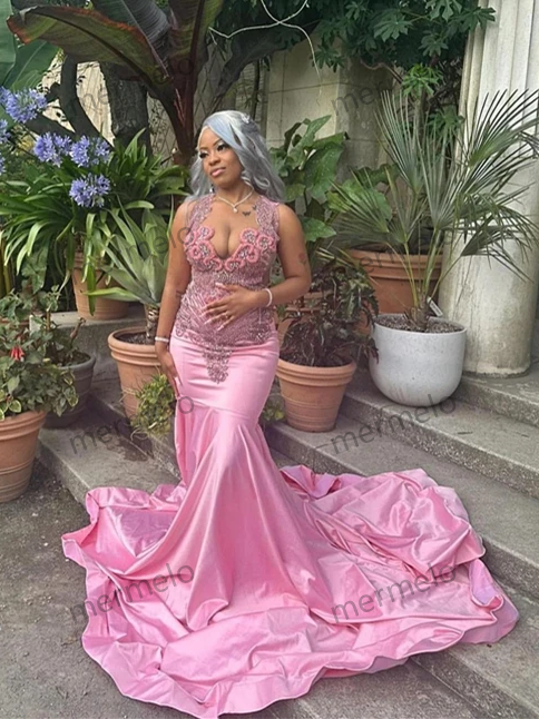 Luxury Glitter Pink Mermaid Prom Dress For Black Girls Silver Crystal