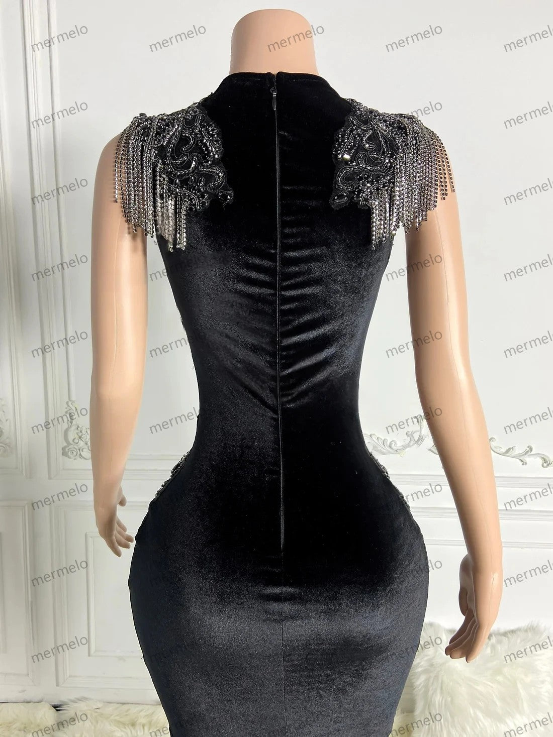 Luxury Velvet Long Prom Dresses For Black Girls Sheer Crystals American African Evening Gowns Birthday Party