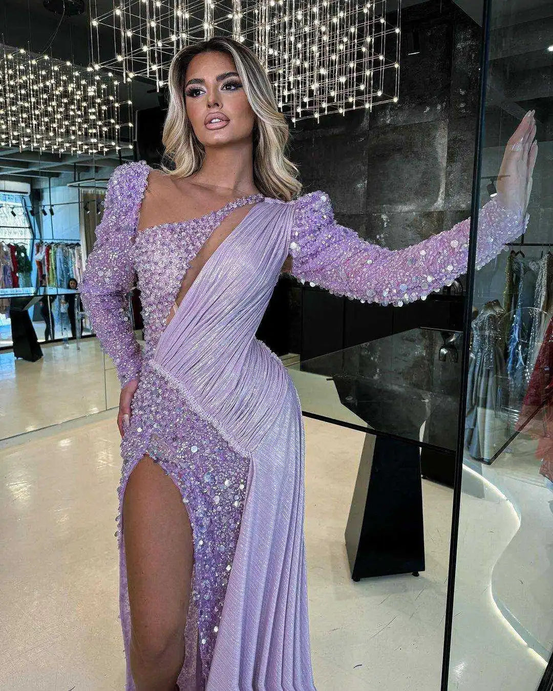 Luxurious Purple Prom Dresses Mermaid Lace Beading Sequined Evening Gowns African High Split Special Occasion Dress