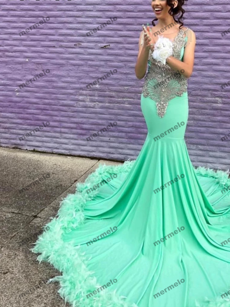 Mint Mermaid Prom Dress Luxury Silver Rhinestone Beads Black Girls Formal Gala Party Gown