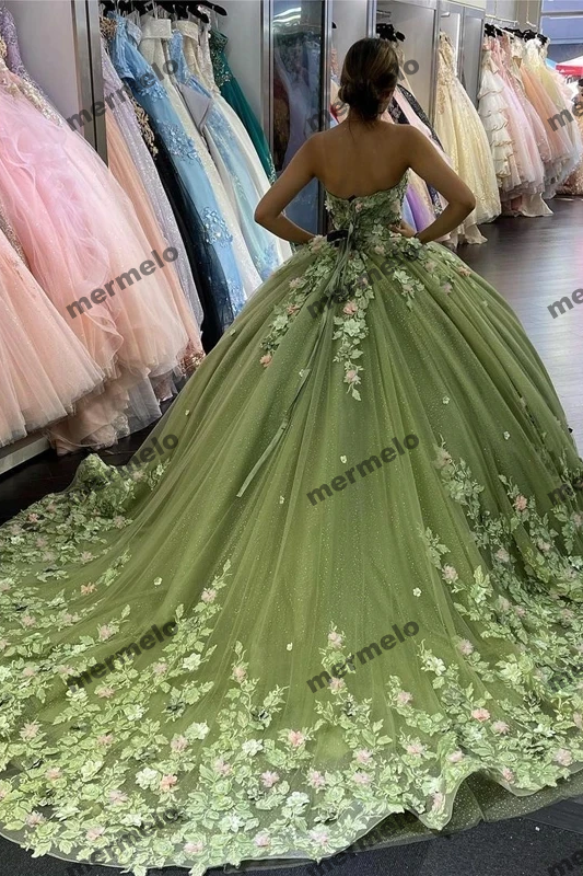 Sage Green Ball Gown Quinceanera Dresses Sweetheart 3D Floral Brithday Party