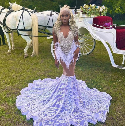 Customized Luxury Purple Sparkling Diamante Applique Feather Gowns 2025 Black Girls Fishtail Long Dresses Evening Gowns