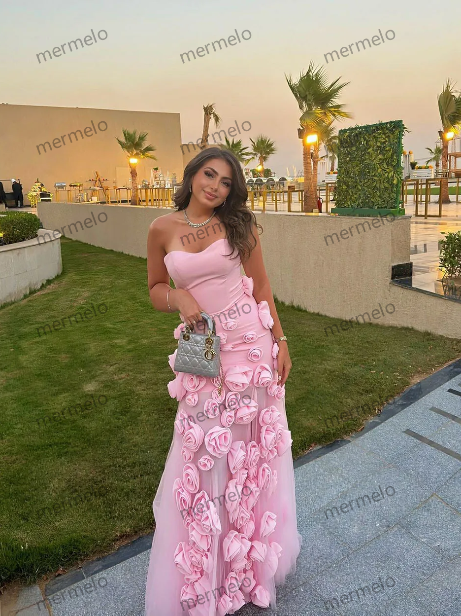 Baby Pink 3D Flowers Prom Dresses Strapless Slit Women Evening Gowns