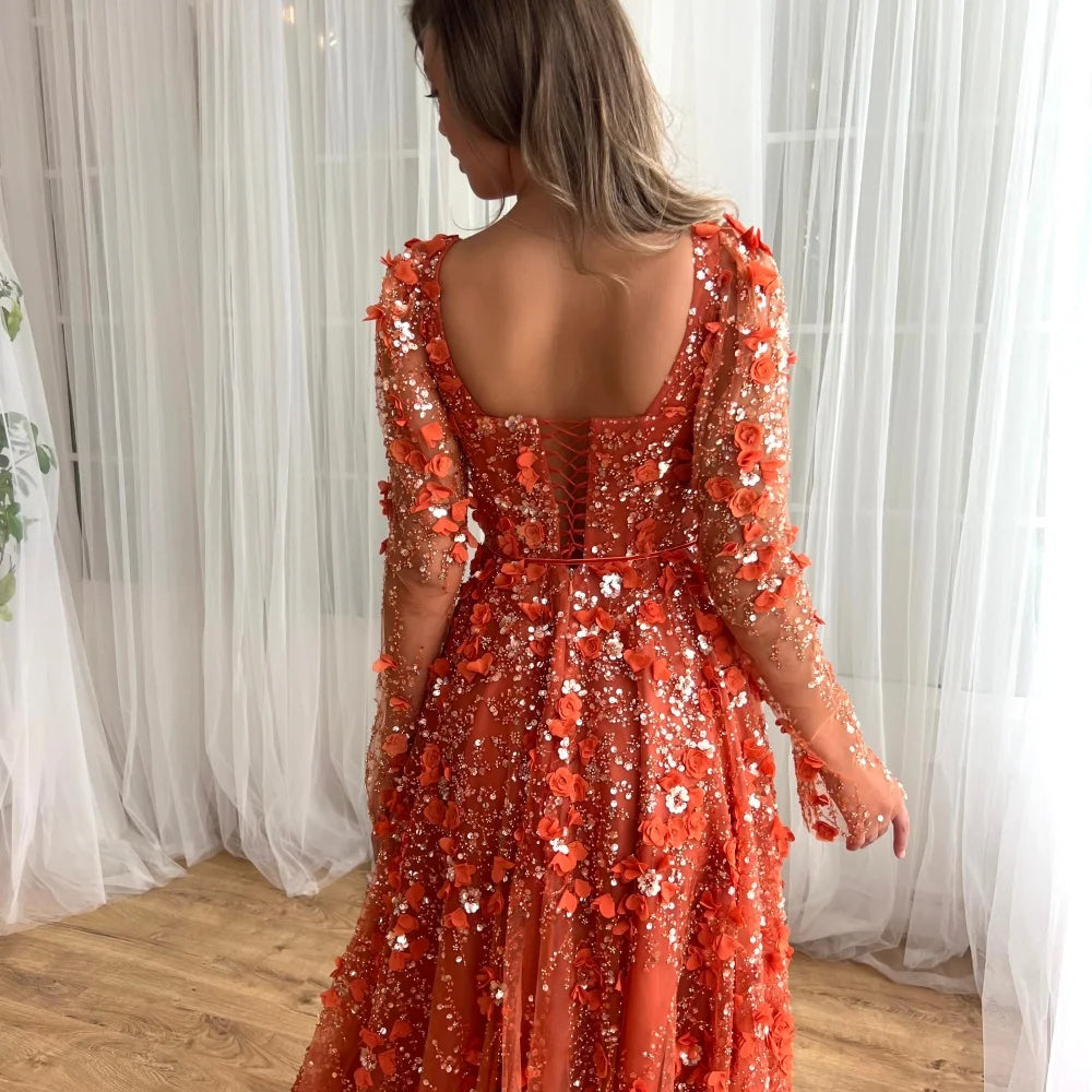 Customize Red 3D Flowers Lace robes de soirée Long Sleeves Backless Strapless Prom Dresses Floor-Length Wedding Dress