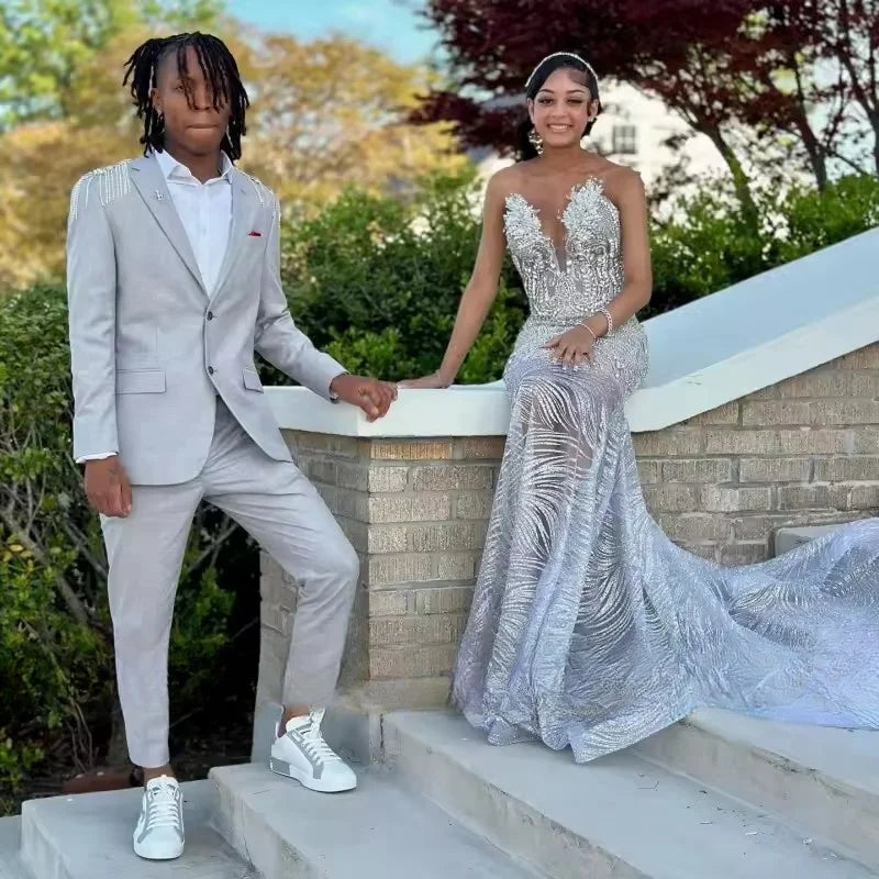 Luxury Silver Crystal Mermaid Prom Dresses For Black Girls 2025 Customized Sheer Neck Birthday Evening Occasion Gowns Vestidos