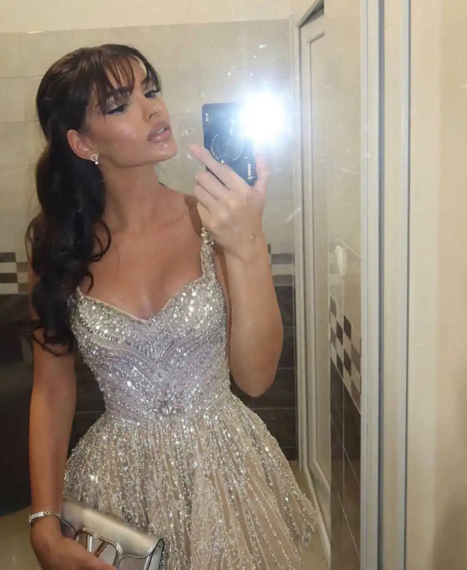 Sexy Spaghetti Strap Prom Dresses Sparkly Sequined Rhinestones Evening Dress Customized Above Knee Mini Cocktail Gown