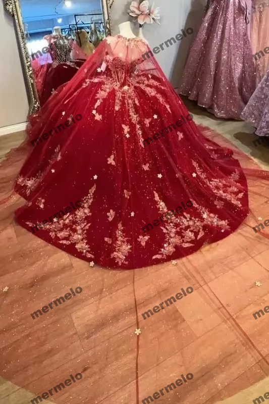 Red Gold Butterfly Applique Quinceanera Dresses Beading Off Shoulder Ball Gown With Cape