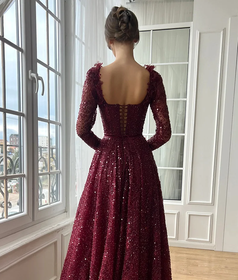 Sequin Square Collar Prom Dresses A-line Customized Long Sleeve