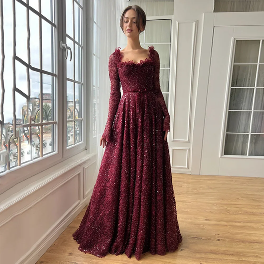 Sequin Square Collar Prom Dresses A-line Customized Long Sleeve