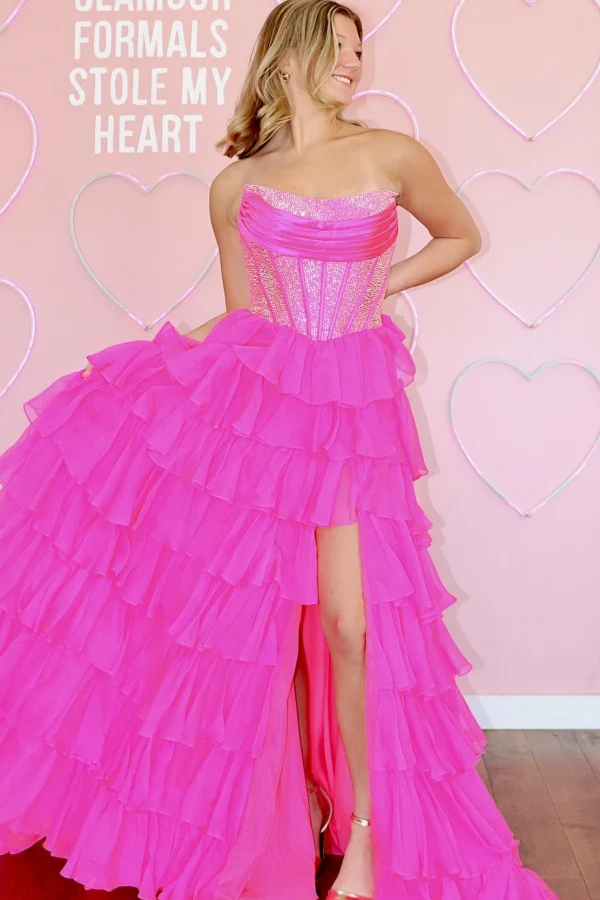 Sexy A-Line Boat Neck Sleeveless Beaded Pleated Chiffon Tiered High Side Slit and Train Prom Party Dress Evening Gown