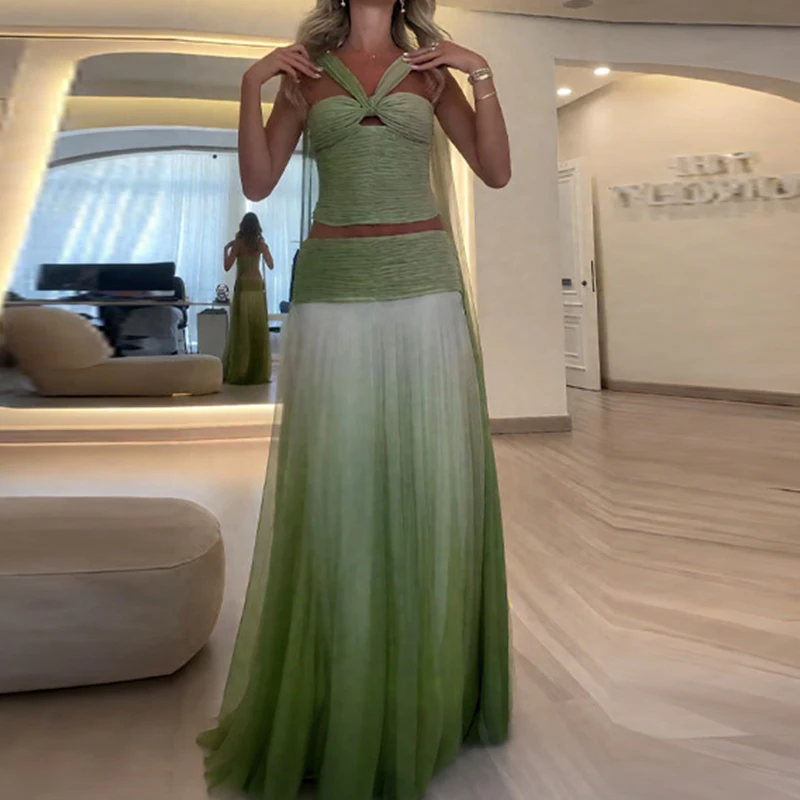 Sexy Halter Tops and Long Skirts Party Outfits Women Fashion Gradient Printed Pleated 2Pc Suit Elegant Sleeveless Backless Sets