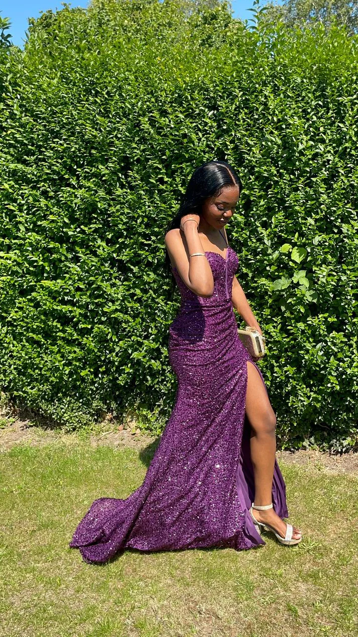 Sexy Mermaid Spaghetti Straps Grape Sequins With Slit Evening For Women Party Dresses Long Formal Prom Dresses 21st Birthday Gowns