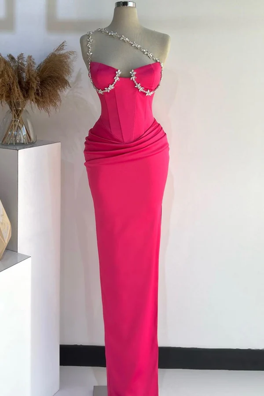 Sexy Sheath One Shoulder Sleeveless Crystal Beaded Pleated Hot Pink Side Slit and Train Floor Length Prom Party Dress Evening Gown Cocktail Dress