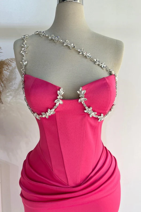 Sexy Sheath One Shoulder Sleeveless Crystal Beaded Pleated Hot Pink Side Slit and Train Floor Length Prom Party Dress Evening Gown Cocktail Dress
