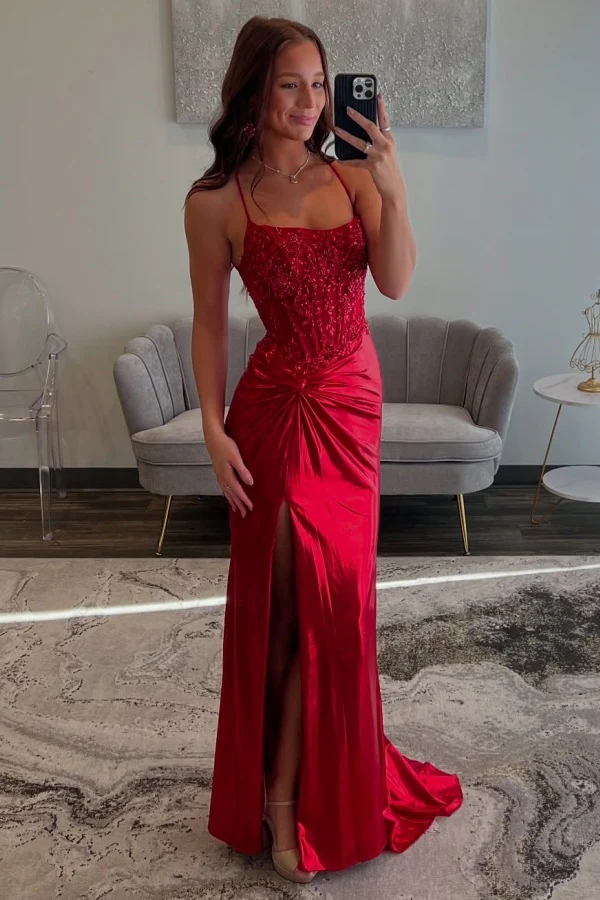 Sexy & Hot Sheath Boat Neck Sleeveless Spaghetti Straps Appliques Ruched High Side Slt and Train Prom Party Dress Formal Evening Gown