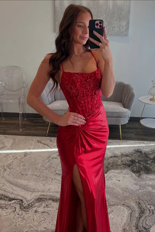 Sexy & Hot Sheath Boat Neck Sleeveless Spaghetti Straps Appliques Ruched High Side Slt and Train Prom Party Dress Formal Evening Gown