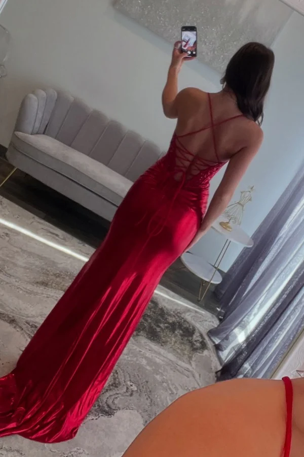 Sexy & Hot Sheath Boat Neck Sleeveless Spaghetti Straps Appliques Ruched High Side Slt and Train Prom Party Dress Formal Evening Gown