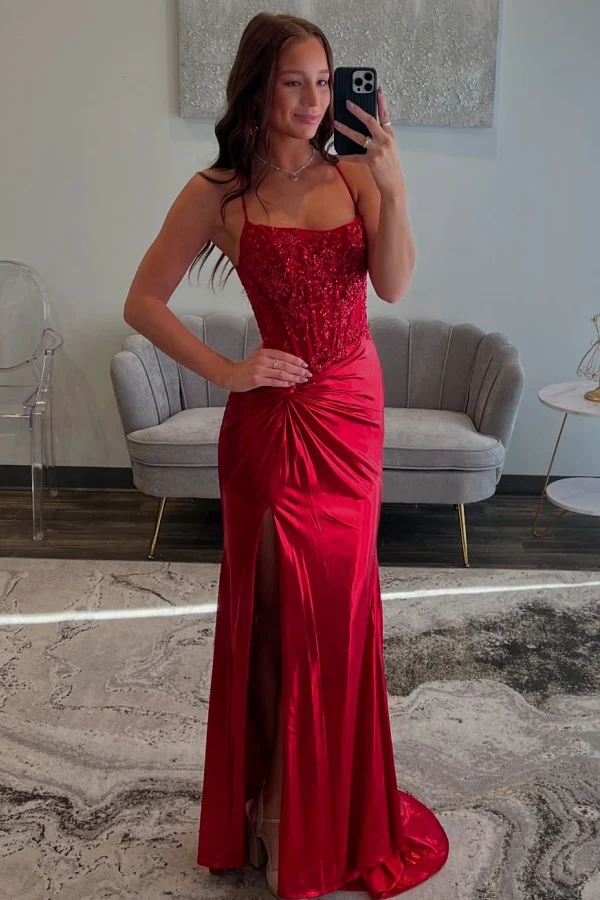 Sexy & Hot Sheath Boat Neck Sleeveless Spaghetti Straps Appliques Ruched High Side Slt and Train Prom Party Dress Formal Evening Gown
