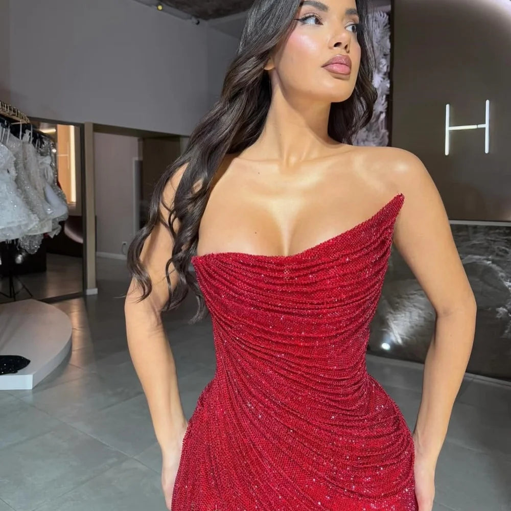 Fashion Customized Red Beading A-line Side Slit robes de soirée Strapless Backless Party Dresses Floor-Length Prom Dress
