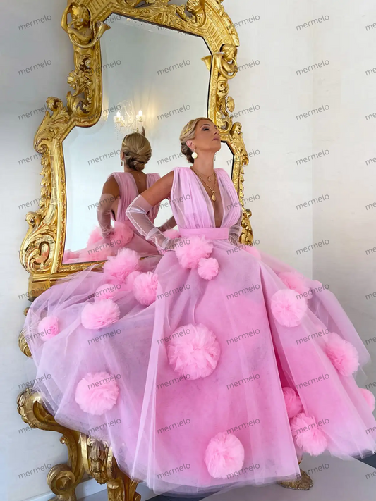 Pretty Pink Floral Tulle Long Maxi Gowns To Event Party Sexy Deep V-neck A-line Long Tutu Tulle Bridal Dresses 3D Flower Robe