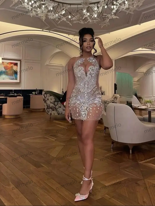 Sexy Silver Sheer Diamond Short Prom Dresses Black Girls Beaded Birthday Party Dresses