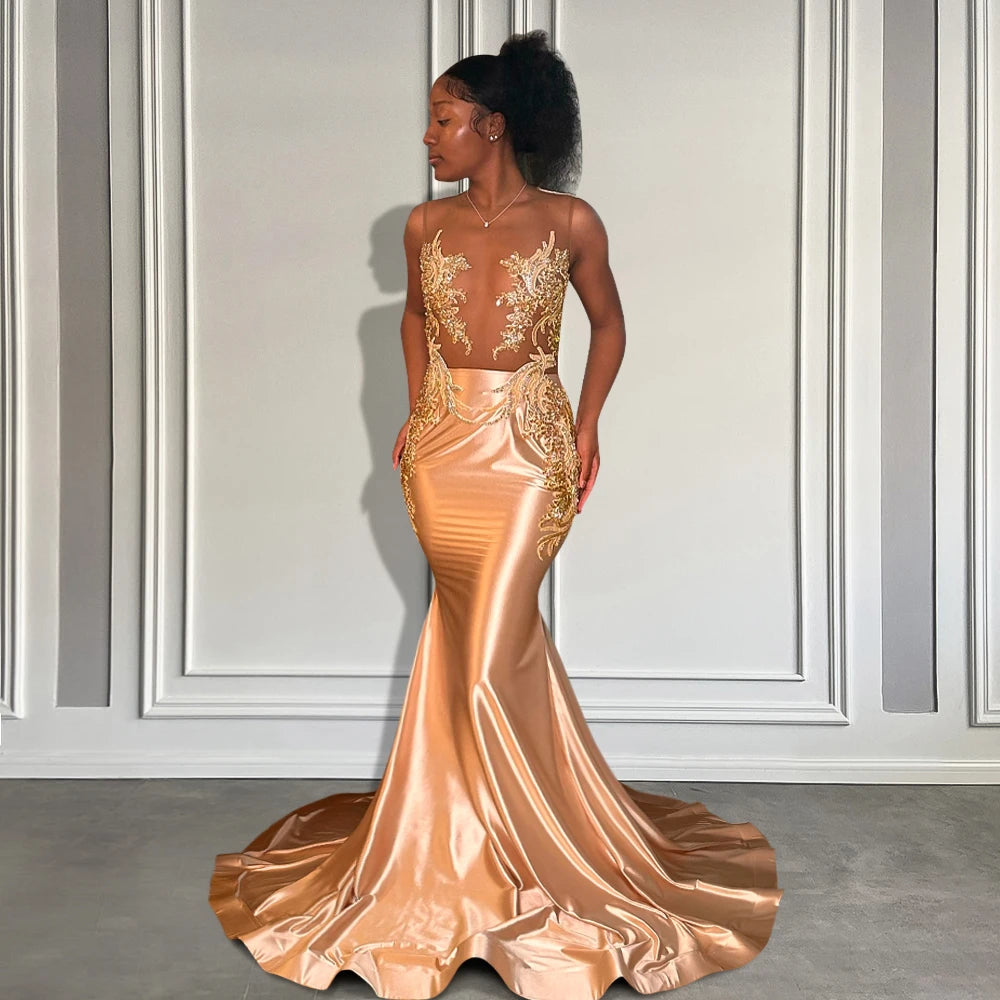 Gold Sheer O Neck Long Mermaid Prom Dresses Black Girl 2025 Sparkly Cr