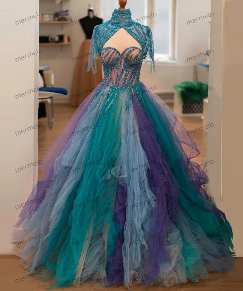 High Neck Green Crystals Beaded Dress Layered Ruffles Evening Dresses With Train Colorful Sequins Prom Gown A-line Woman Gown