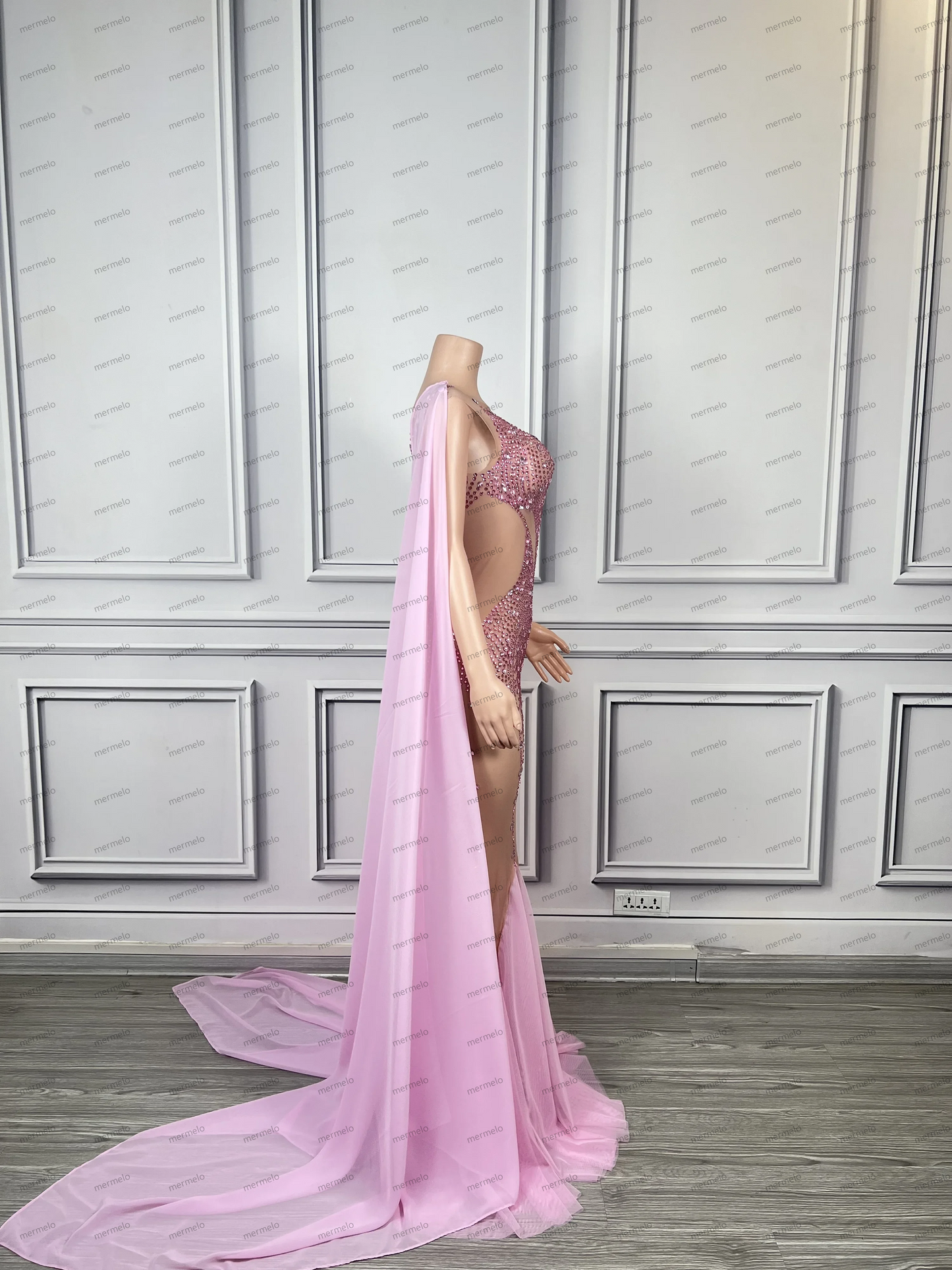 Luxury Sparkly Rhinestones Pink Mermaid Long Evening Dresses with Cape
