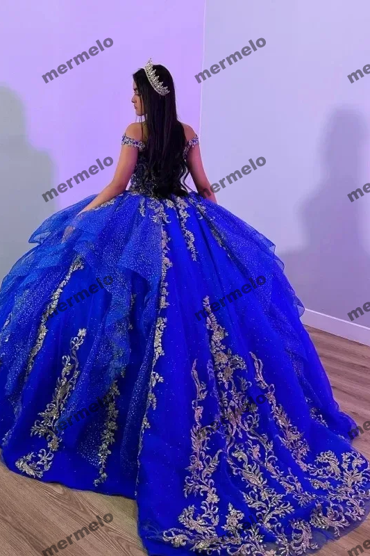Royal Blue Mexican Quinceanera Dresses Crytals Gold Beading Lace Birthday Party Princess Gown