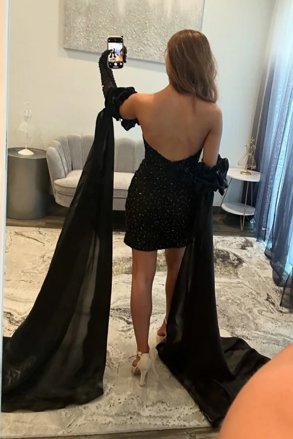 Sheath Boat Neck Backless Fully Beaded Homecoming Dress with Gloves