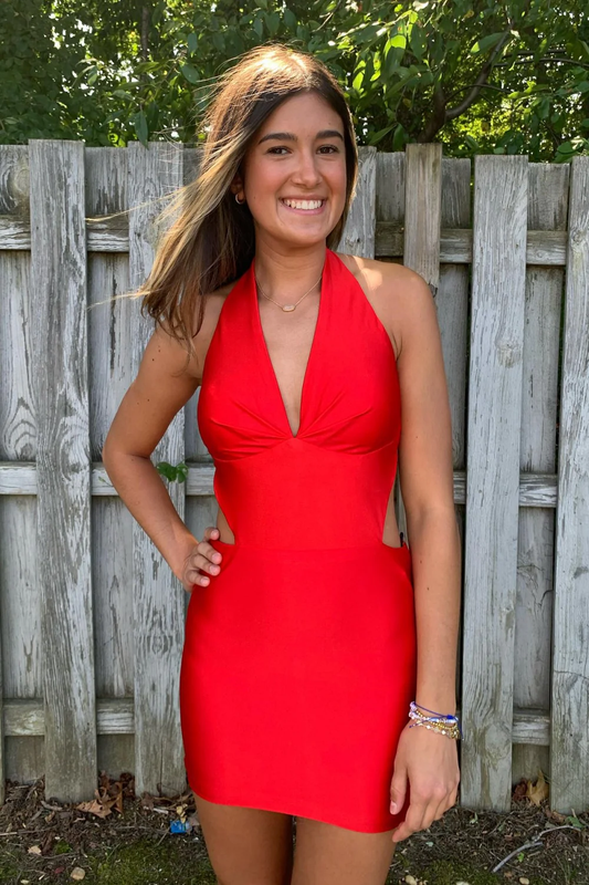Sheath Low V Neck Halter Sleeveless Open Back Homecoming Dress