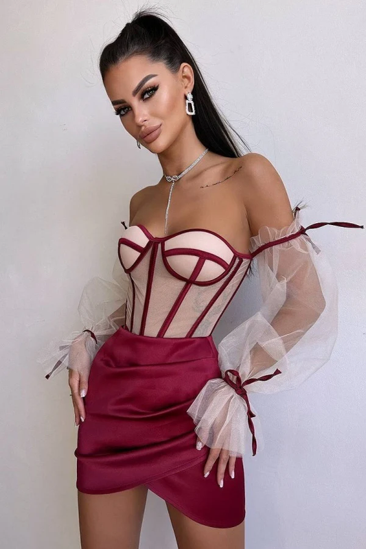 Sheath Off Shoulder Long Sleeves Satin Homecoming Dress