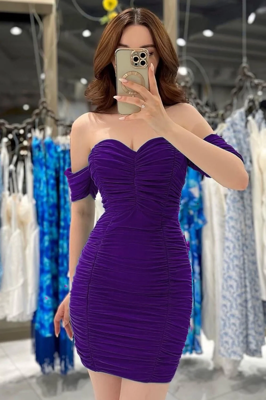 Sheath Off Shoulder Sleeveless Pleated Ruched Homecoming Dress