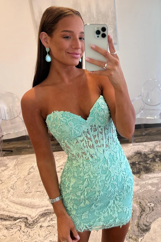 Sheath Strapless Fully Appliques Lace Up Homecoming Dress