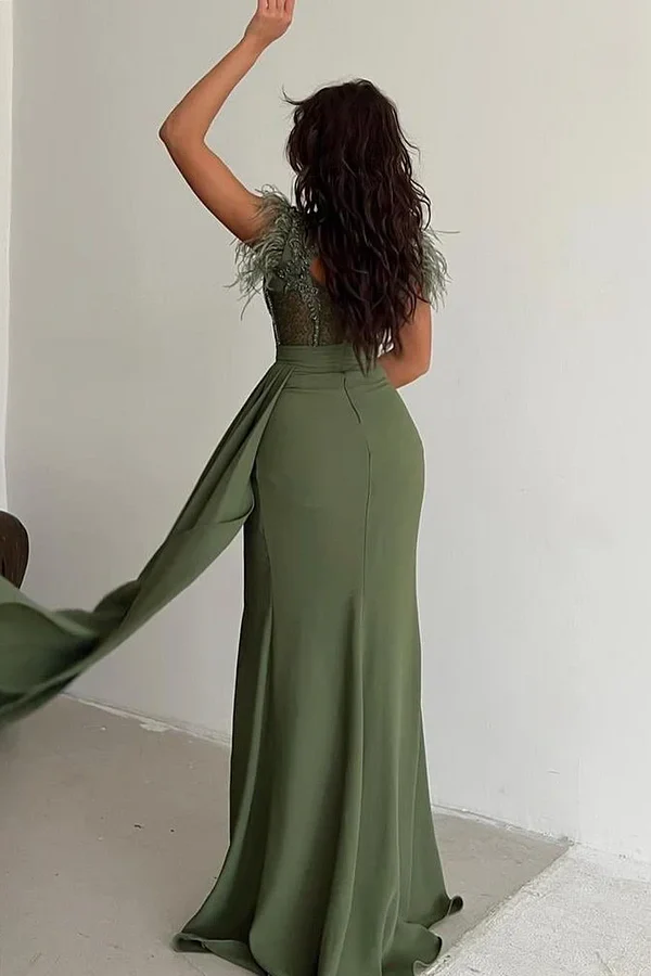 Sheath Sweetheart Straps Beaded Sequins Feather High Side Slit and Train Prom Dress