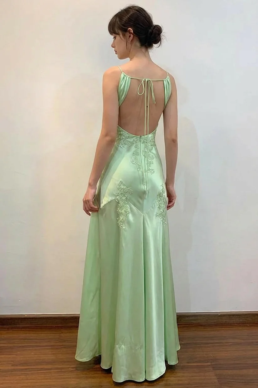 Sheath V-Neck Appliques Satin Green Prom Dress With Open Back