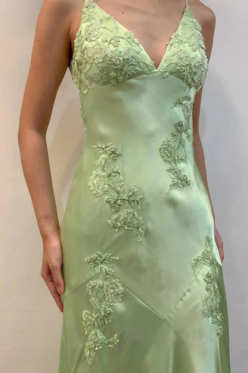 Sheath V-Neck Appliques Satin Green Prom Dress With Open Back