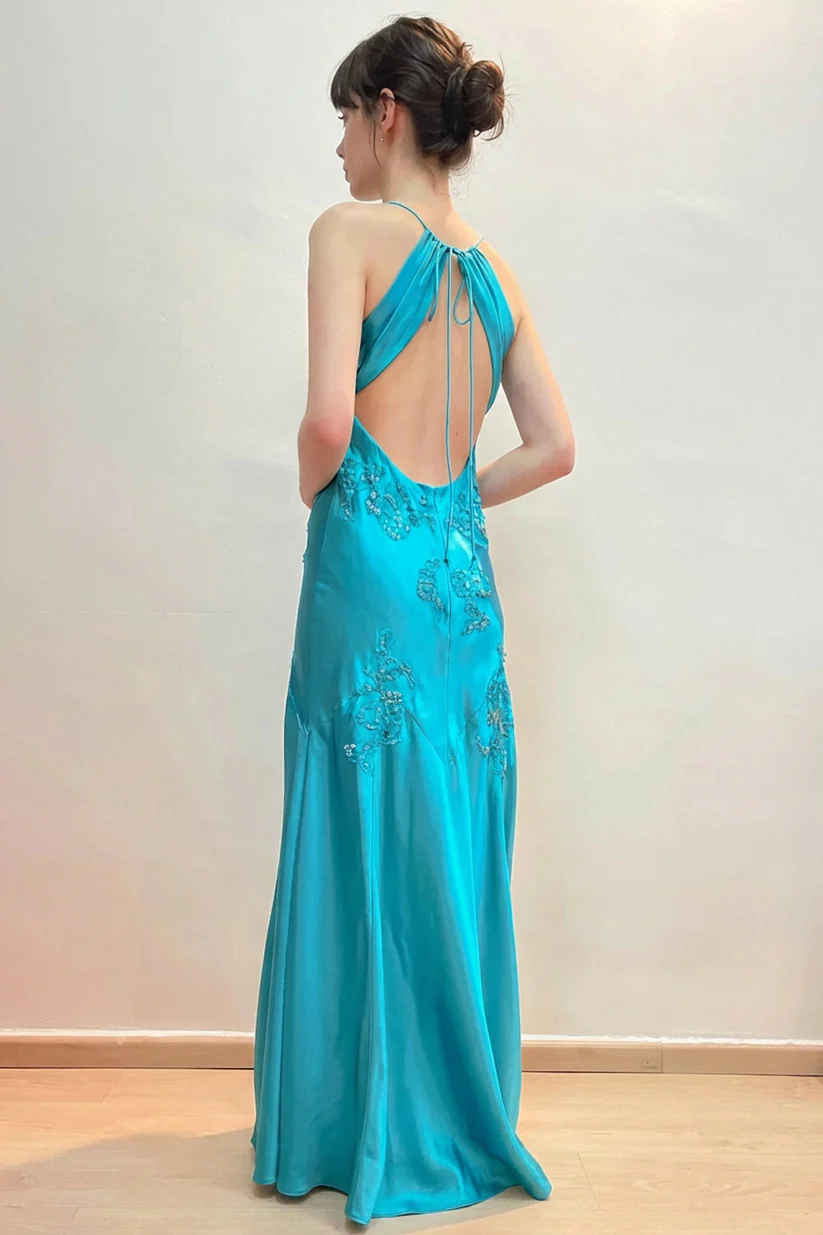 Sheath V-Neck Appliques Satin Green Prom Dress With Open Back
