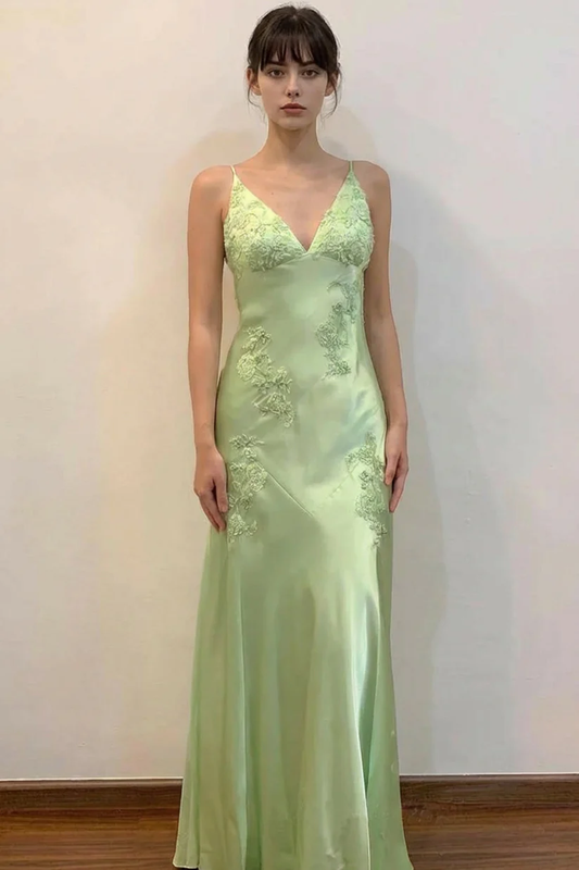 Sheath V-Neck Appliques Satin Green Prom Dress With Open Back