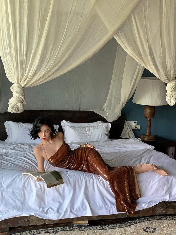 Shiny Brown Mermaid Halter Sequin Open Back Prom Dress Evening Dress